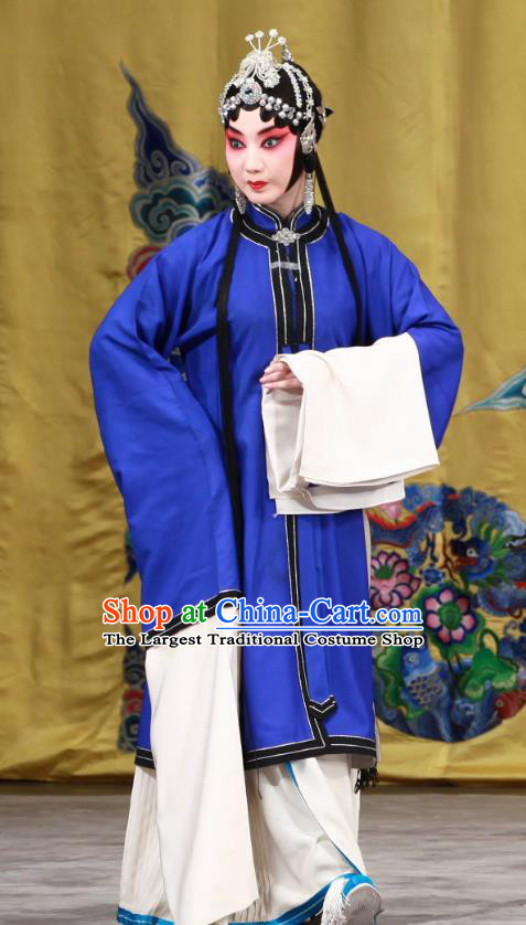 Chinese Beijing Opera Distress Maiden Apparels Zhu Sha Zhi Costumes and Headdress Traditional Peking Opera Young Female Blue Dress Garment