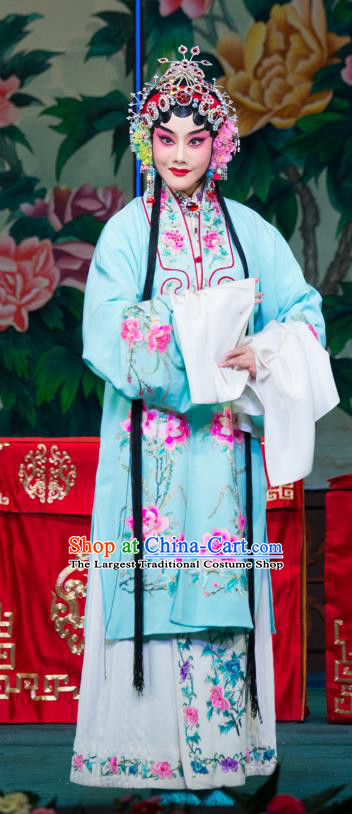 Chinese Beijing Opera Actress Apparels Su Xiaomei Costumes and Headpieces Traditional Peking Opera Hua Tan Blue Dress Diva Garment