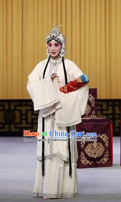 Chinese Beijing Opera Tsing Yi White Apparels Nan Tian Men Costumes and Headpieces Traditional Peking Opera Young Female Dress Distress Maiden Garment