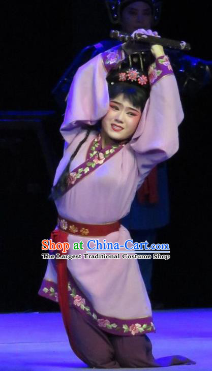 Chinese Ping Opera Maidservant Cai Feng Apparels Costumes and Headpieces Traditional Pingju Opera Saving Orphan Young Lady Purple Dress Garment