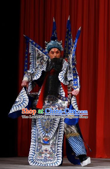 White Gate Tower Chinese Peking Opera General Zhang Liao Garment Costumes and Headwear Beijing Opera Military Officer Kao Apparels Armor Clothing with Flags
