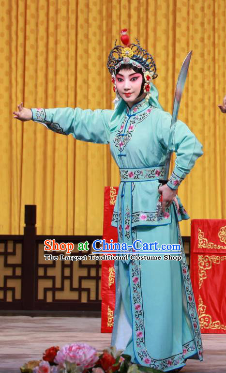 Chinese Beijing Opera Swordswoman Apparels Mu Ke Zhai Costumes and Headpieces Traditional Peking Opera Wudan Blue Dress Garment