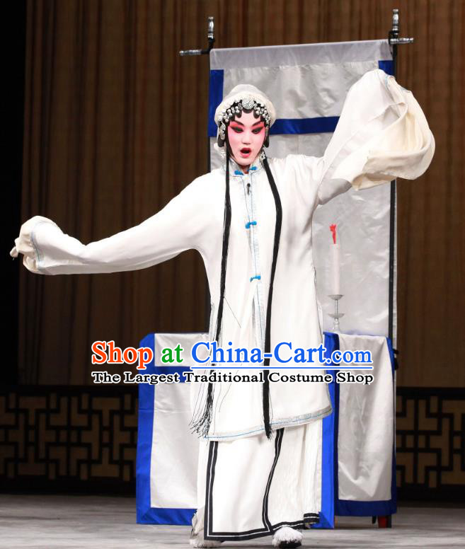 Chinese Beijing Opera Widow Shen Xuezhen Apparels Qing Shuang Sword Costumes and Headpieces Traditional Peking Opera Tsing Yi Dress Distress Maiden Garment
