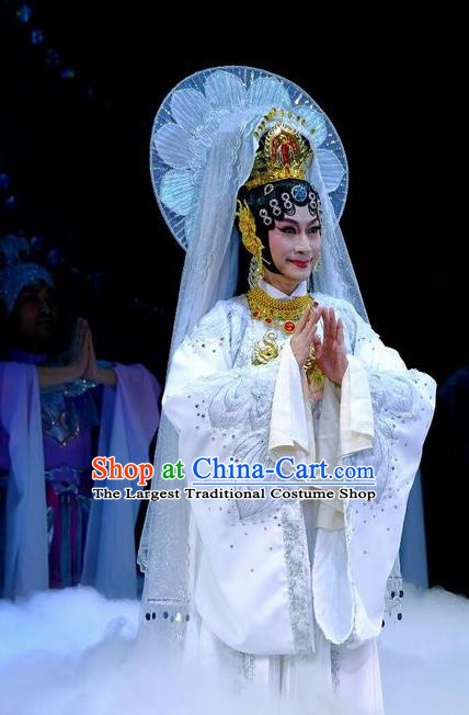 Chinese Beijing Opera Bodhisattva Mercy Buddha Apparels Love of Guan Yin Costumes and Headdress Traditional Peking Opera Goddess White Dress Garment