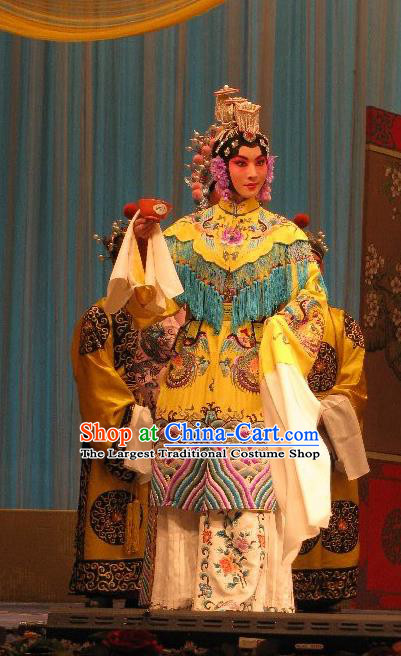 Chinese Beijing Opera Queen Lv Apparels Fish and Algae Palace Costumes and Headdress Traditional Peking Opera Hua Tan Dress Emperor Garment