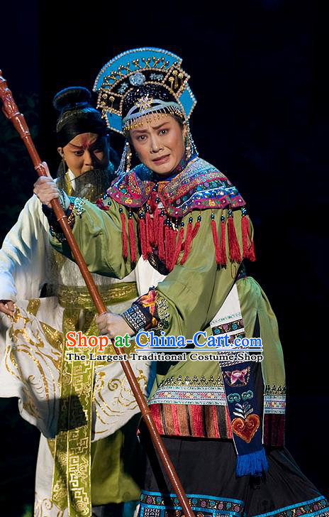 Chinese Beijing Opera Elderly Female Garment Lu Shui Yi Shan Costumes and Hair Accessories Traditional Peking Opera Laodan Dress Pantaloon Meng Qi Green Apparels