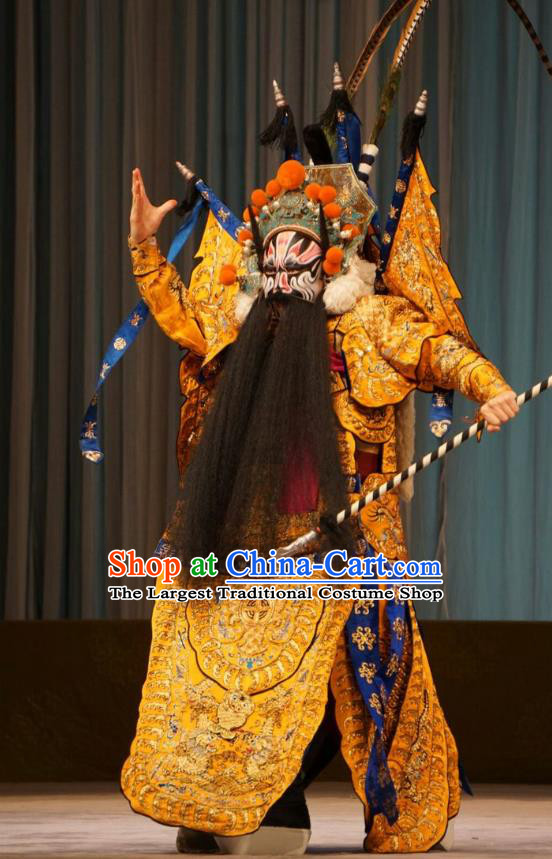 Mu Yang Juan Chinese Peking Opera General Huang Long Apparels Costumes and Headpieces Beijing Opera Wusheng Garment Armor Clothing with Flags
