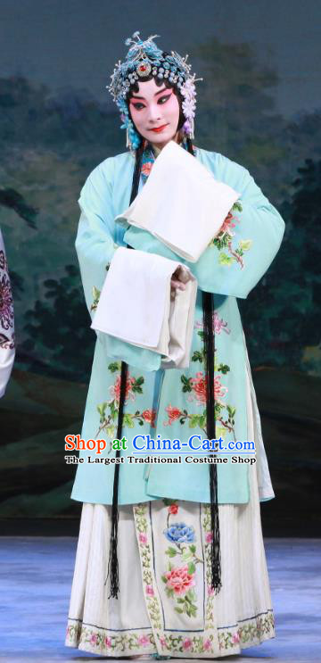 Chinese Beijing Opera Actress Young Female Garment Ye Zhu Lin Costumes and Hair Accessories Traditional Peking Opera Hua Tan Blue Dress Apparels