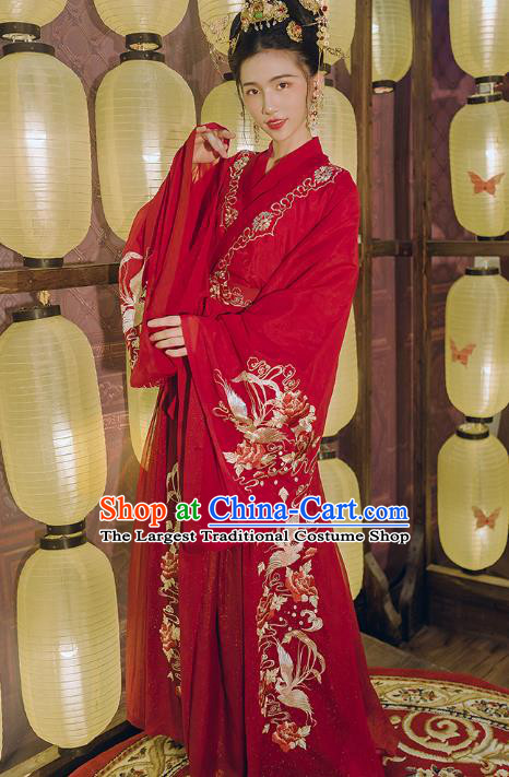 Traditional Chinese Wedding Embroidered Hanfu Dress Ancient Bride Garment Tang Dynasty Noble Princess Historical Costumes Complete Set