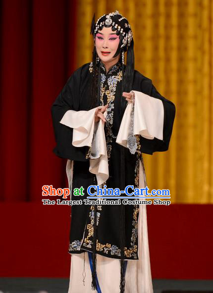 Chinese Beijing Opera Actress Dou E Garment Snow in June Costumes and Hair Accessories Traditional Peking Opera Tsing Yi Black Dress Diva Apparels
