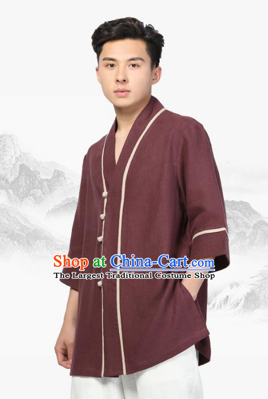 Chinese Traditional Tang Suit Upper Outer Garment Costume National Clothing Saffron Ramie Shirt for Men