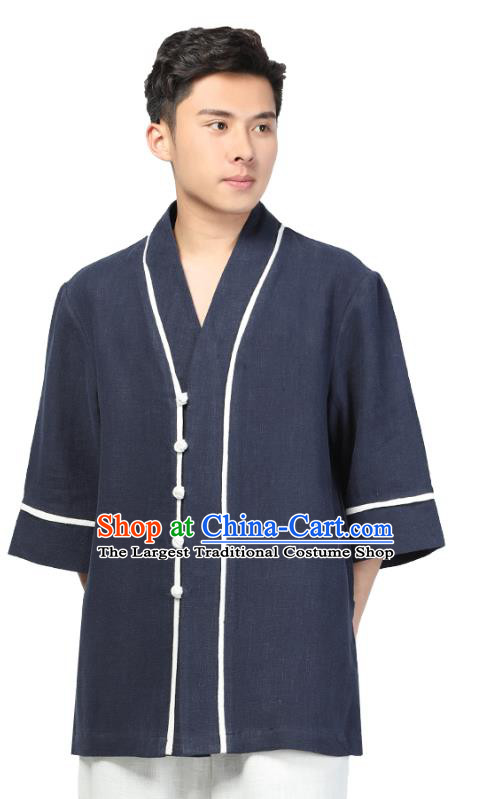Chinese Traditional Tang Suit Upper Outer Garment Costume National Clothing Navy Ramie Shirt for Men