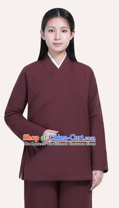 Chinese Traditional Lay Buddhist Costume Top Grade Tai Ji Uniforms Professional Tang Suit Women Wine Red Ramie Meditation Outfits
