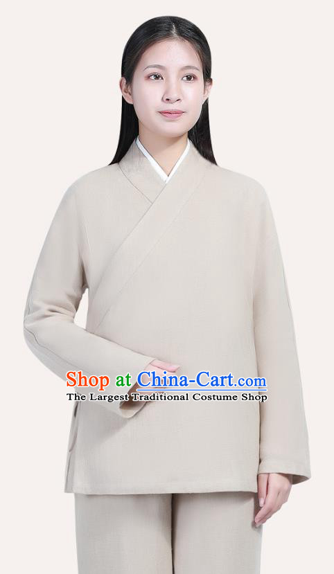 Chinese Traditional Lay Buddhist Costume Top Grade Tai Ji Uniforms Professional Tang Suit Women Beige Ramie Meditation Outfits