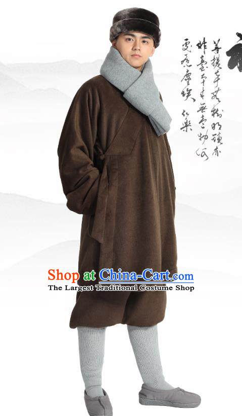 Chinese Traditional Monk Winter Brown Costume Lay Buddhist Clothing Meditation Garment Shirt and Pants for Men