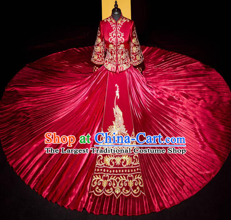 Top Grade Chinese Ancient Bride Xiuhe Suit Toast Red Dress Traditional Wedding Embroidered Phoenix Costumes for Women