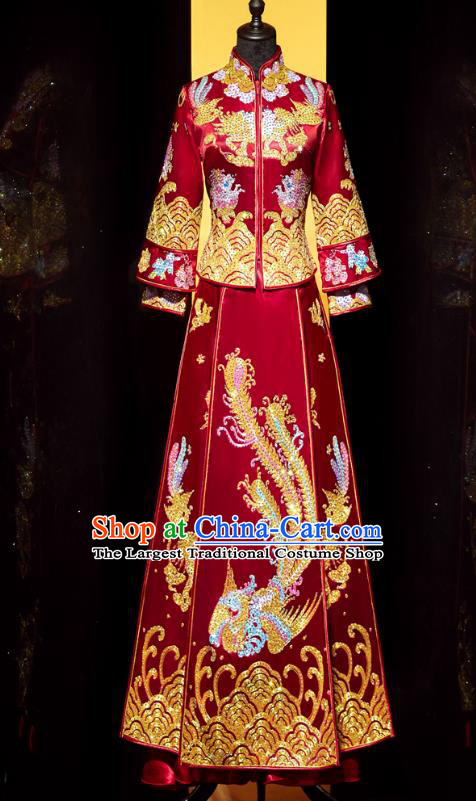 Top Grade Chinese Ancient Bride Diamante Phoenix Xiuhe Suit Toast Red Dress Traditional Wedding Embroidered Costumes for Women