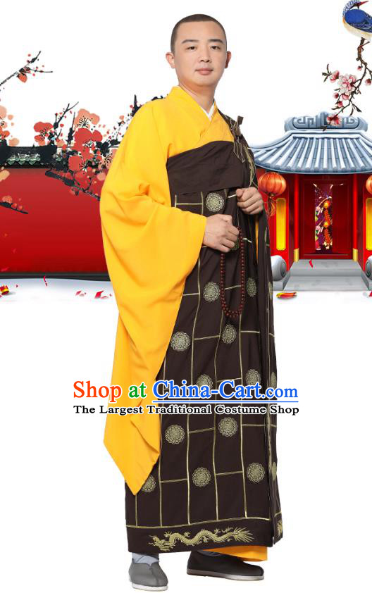 Chinese Traditional Monk Lucky Character Kasaya Costume Meditation Vestment Garment Buddhist Brown Cassock for Men