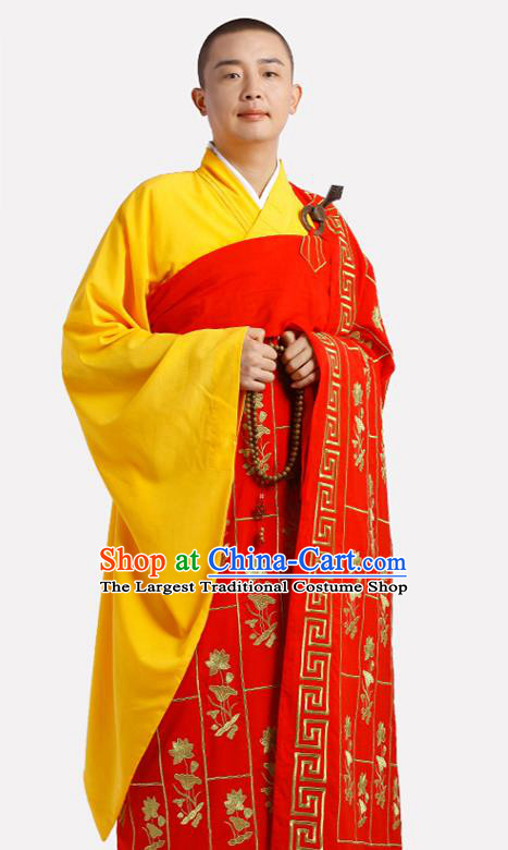 Chinese Traditional Monk Lotus Pattern Red Kasaya Meditation Vestment Garment Buddhist Cassock Costume for Men