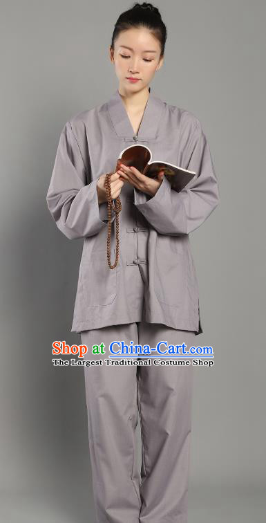 Chinese Lay Buddhist Dress Costume Traditional Meditation Garment Clothing Grey Plated Buttons Blouse and Pants for Women