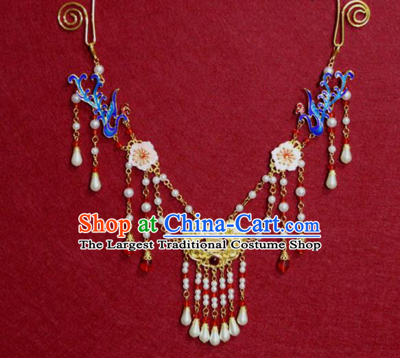 Traditional Chinese Ancient Princess Cloisonne Phoenix Tassel Necklace Handmade Jewelry Accessories Golden Longevity Lock Necklet for Women