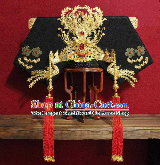 Chinese Ancient Imperial Consort Golden Phoenix Coronet Hair Jewelry Traditional Handmade Hairpins Qing Dynasty Queen Hair Accessories Complete Set