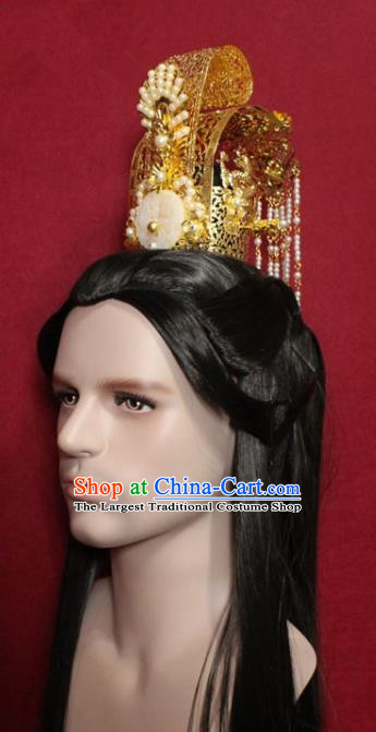 Traditional Chinese Ancient Prince Jade Hairdo Crown and Hairpin Handmade Ming Dynasty Noble Childe Pearls Tassel Hair Accessories for Men
