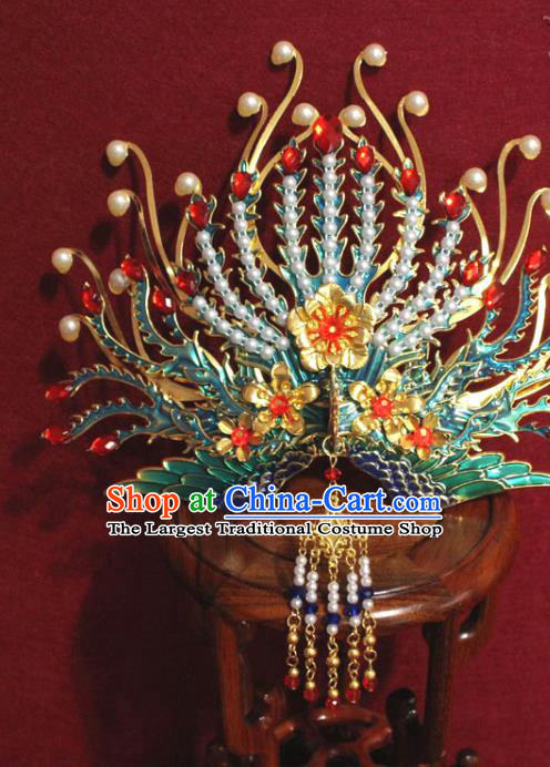 Traditional Chinese Handmade Blueing Phoenix Hairpins Ancient Ming Dynasty Imperial Consort Hair Accessories Hair Crown for Women