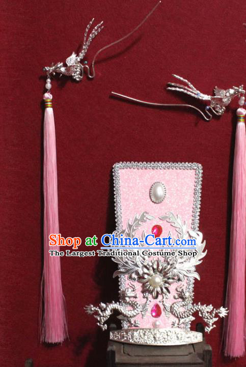 Traditional Chinese Ancient Female Official Dragon Hair Crown Handmade Hair Jewelry Taoist Nun Hairpins Pink Hair Accessories for Women