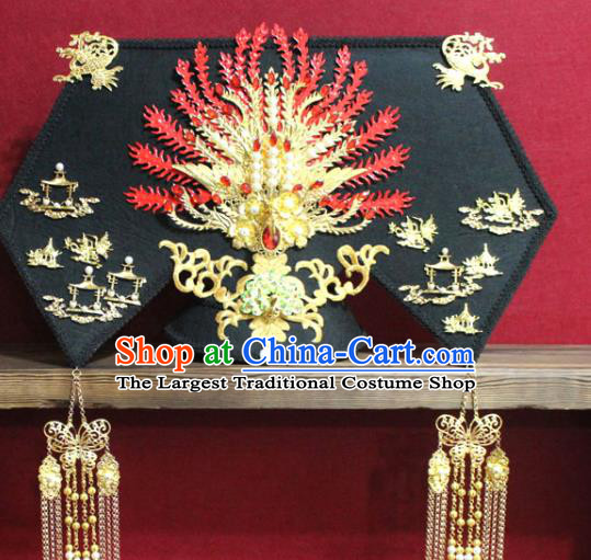 Chinese Ancient Imperial Consort Pearls Golden Phoenix Coronet Hair Jewelry Traditional Handmade Hairpins Qing Dynasty Queen Hair Accessories Complete Set