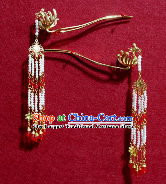 Traditional Chinese Handmade Beads Tassel Phoenix Tassel Hair Clip Ancient Queen Golden Hairpin Hair Accessories for Women