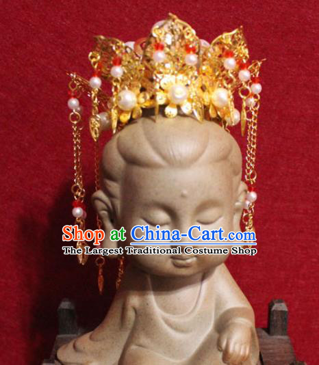 Traditional Chinese Handmade Buddhist Statues Phoenix Hair Crown Golden Tassel Hair Accessories