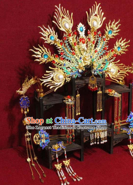 Traditional Chinese Ancient Queen Phoenix Coronet Handmade Hair Jewelry Cloisonne Hairpins Hair Accessories Complete Set