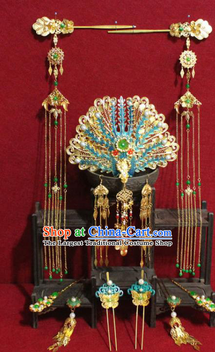 Traditional Chinese Ancient Queen Cloisonne Phoenix Coronet Handmade Hair Jewelry Tassel Hairpins Hair Accessories Complete Set