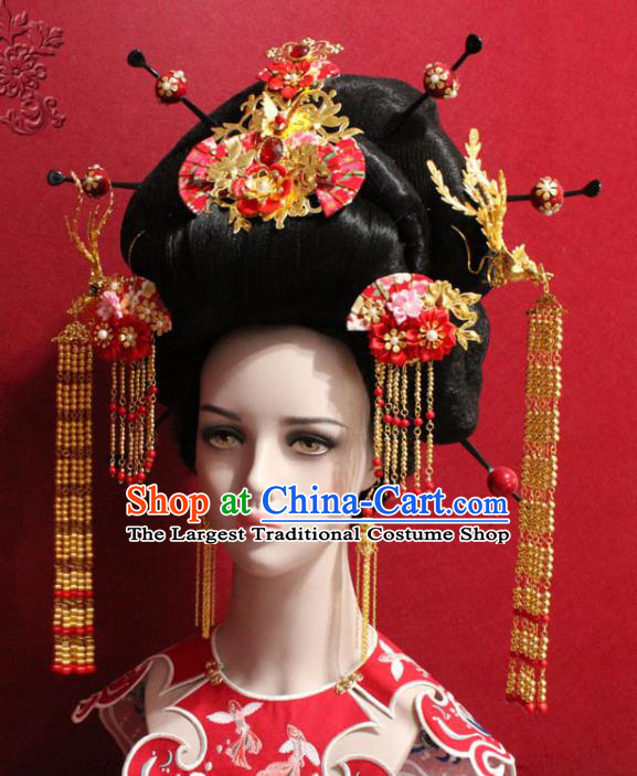 Traditional Chinese Ancient Imperial Consort Phoenix Coronet Handmade Hair Jewelry Tassel Hairpins Hair Accessories Complete Set