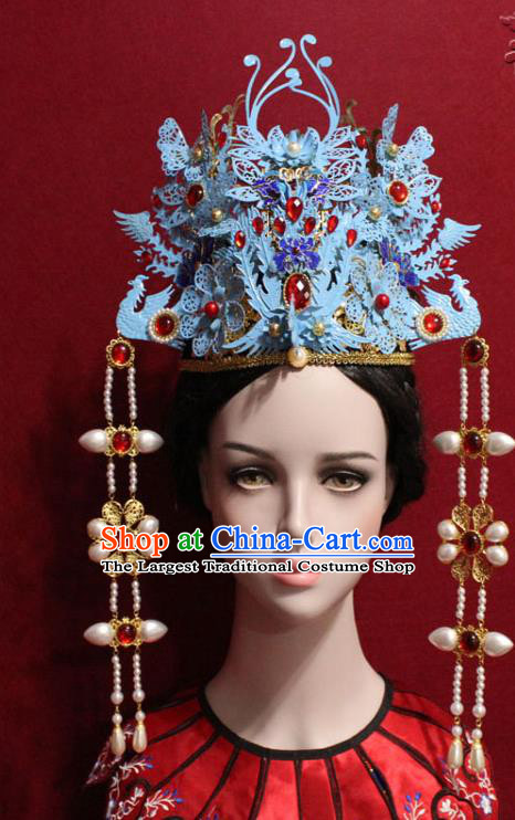 Traditional Chinese Ancient Qing Dynasty Pearls Tassel Phoenix Coronet Handmade Hair Jewelry Imperial Consort Hair Accessories Complete Set