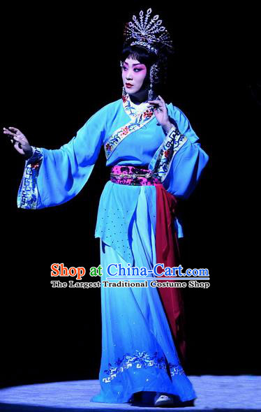 Chinese Beijing Opera Hua Tan Apparels Costumes and Headpieces Traditional Peking Opera Ma Zu Diva Lin Moniang Blue Dress Garment
