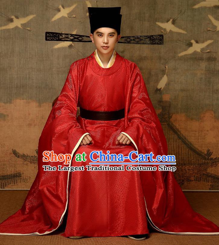 Chinese Traditional Song Dynasty Emperor Red Hanfu Garment Ancient Drama Monarch Historical Costumes and Headwear Complete Set