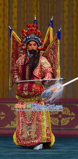 Changban Po Hanjin Kou Chinese Peking Opera Wusheng Garment Costumes and Headwear Beijing Opera Apparels General Kao Armor Suit with Flags Clothing