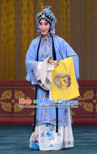 Chinese Beijing Opera Hua Tan Apparels Costumes and Headdress Changban Po Hanjin Kou Traditional Peking Opera Actress Dress Rani Gan Garment