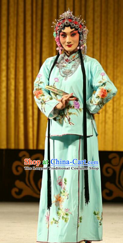 Chinese Beijing Opera Hua Tan Actress Apparels Costumes and Headdress Qing Shi Mountain Traditional Peking Opera Actress Fox Fairy Diva Green Dress Garment