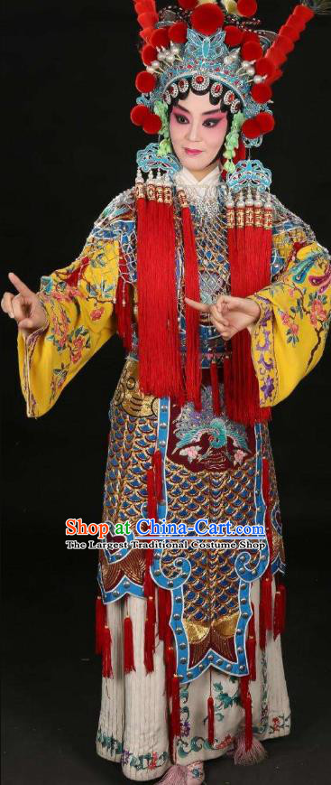 Chinese Beijing Opera Martial Female Apparels Costumes and Headdress Traditional Peking Opera Blues Princess Shuangyang Dress Garment