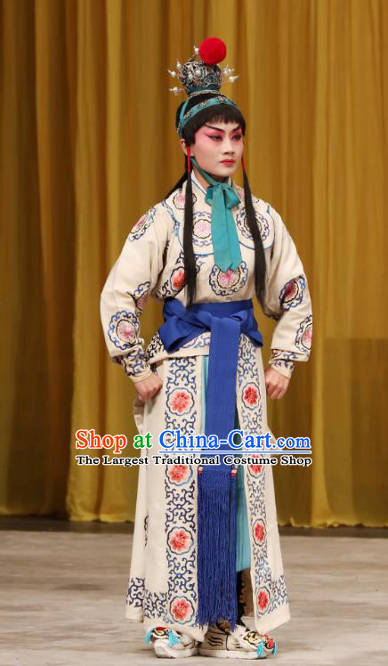 Tun Wu Hen Chinese Peking Opera Young Male Garment Costumes and Headwear Beijing Opera Martial Man Apparels Takefu White Clothing