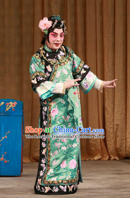Chinese Beijing Opera Apparels Qing Dynasty Costumes and Headdress Mei Yu Pei Traditional Peking Opera Young Female Green Dress Actress Han Cuizhu Garment
