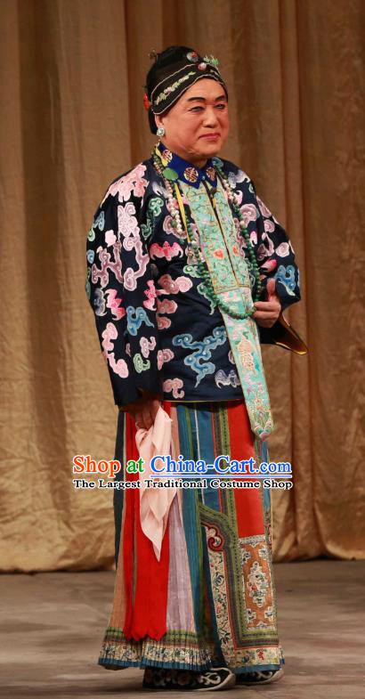 Chinese Beijing Opera Laodan Apparels Qing Dynasty Dame Costumes and Headdress Mei Yu Pei Traditional Peking Opera Elderly Female Dress Garment