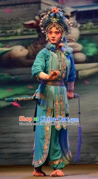 Chinese Jin Opera Female Swordsman Xiao Qing Garment Costumes and Headdress Madam White Snake Traditional Shanxi Opera Wudan Dress Martial Woman Apparels