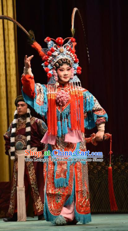 Chinese Jin Opera Female Warrior Garment Costumes and Headdress Jin Sha Tan Traditional Shanxi Opera Soldier Dress Martial Woman Apparels