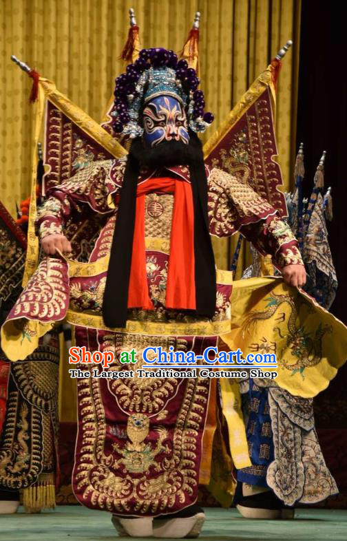 Jin Sha Tan Chinese Shanxi Opera Martial Male Armor Apparels Costumes and Headpieces Traditional Jin Opera General Garment Purplish Red Kao Clothing with Flags