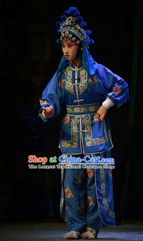 Chinese Jin Opera Female Swordsman Garment Costumes and Headdress Traditional Shanxi Opera Martial Woman Dress Wudan Blue Apparels