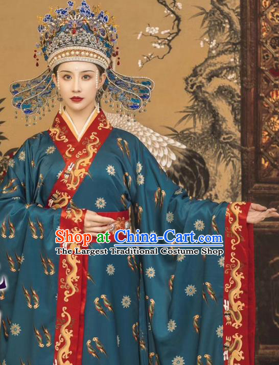 Chinese Song Dynasty Imperial Empress Historical Costumes Traditional Court Apparels Ancient Royal Queen Hanfu Dress and Headdress Complete Set